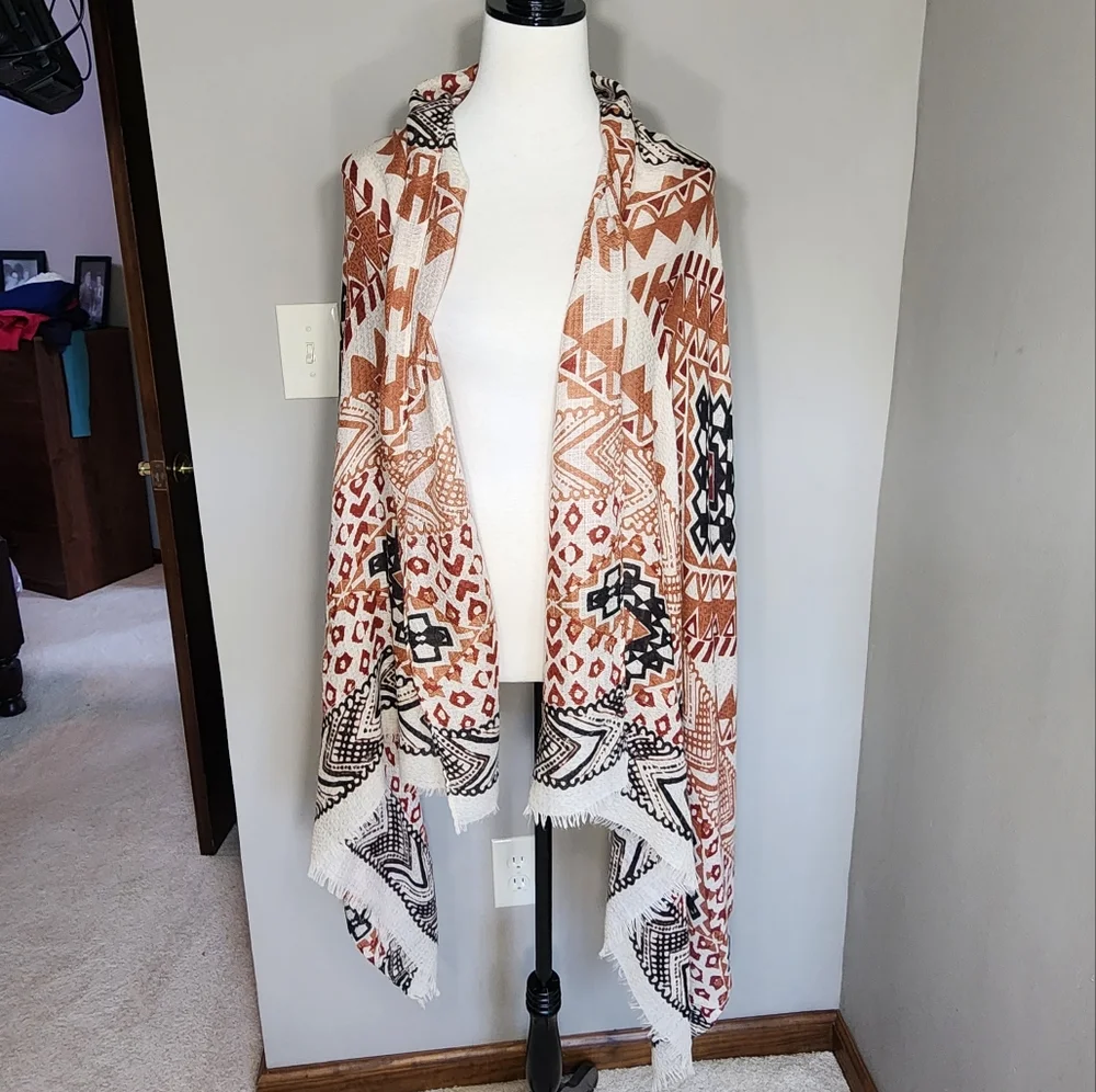 Long rectangle scarf with fringe Geometric cream burgundy burnt orange black